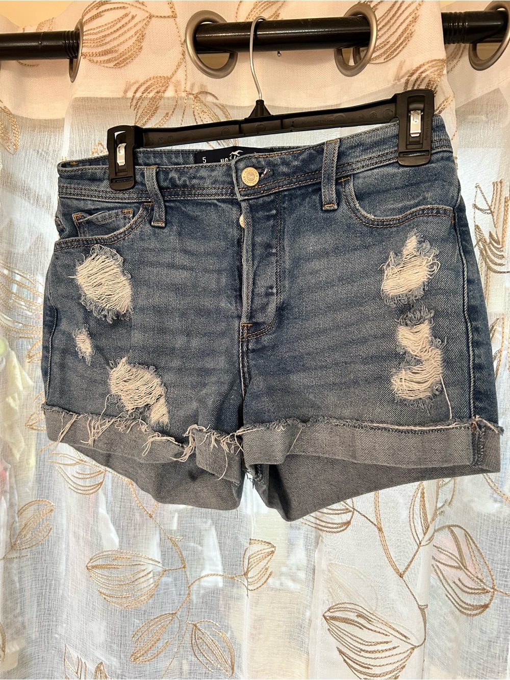 Hollister Distressed Rolled-Hem Dark Blue Denim Shorts